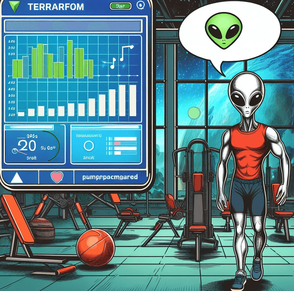 an alien in a gym and a screen terraform 